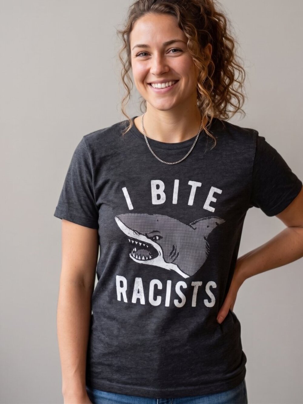 NWOT | Crazy Dog T-Shirts Charcoal I Bite Racists Shark Graphic Tee Large